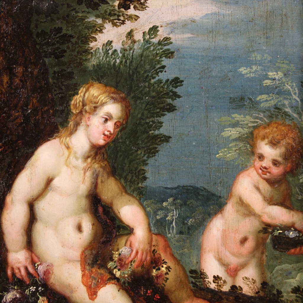 Antico dipinto fiammingo su rame del XVII secolo, scena mitologica-photo-2