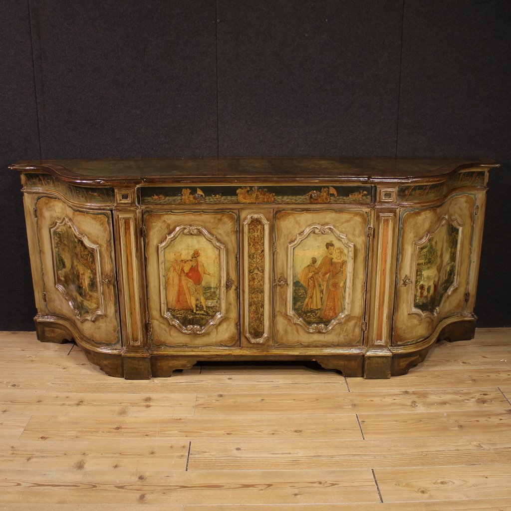 Grande credenza veneziana laccata e dipinta del XX secolo-photo-2