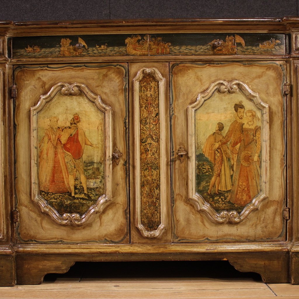 Grande credenza veneziana laccata e dipinta del XX secolo-photo-4