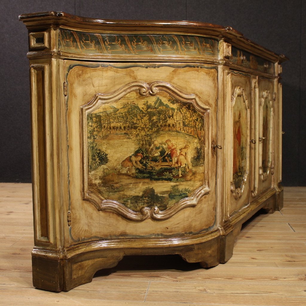 Grande credenza veneziana laccata e dipinta del XX secolo-photo-4