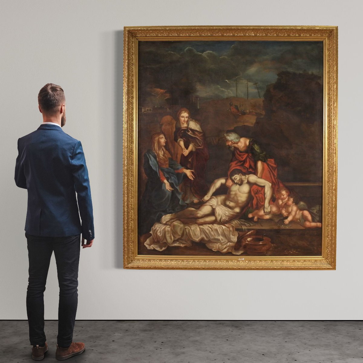 Grande dipinto italiano del XVII secolo, Compianto sul Cristo morto-photo-1