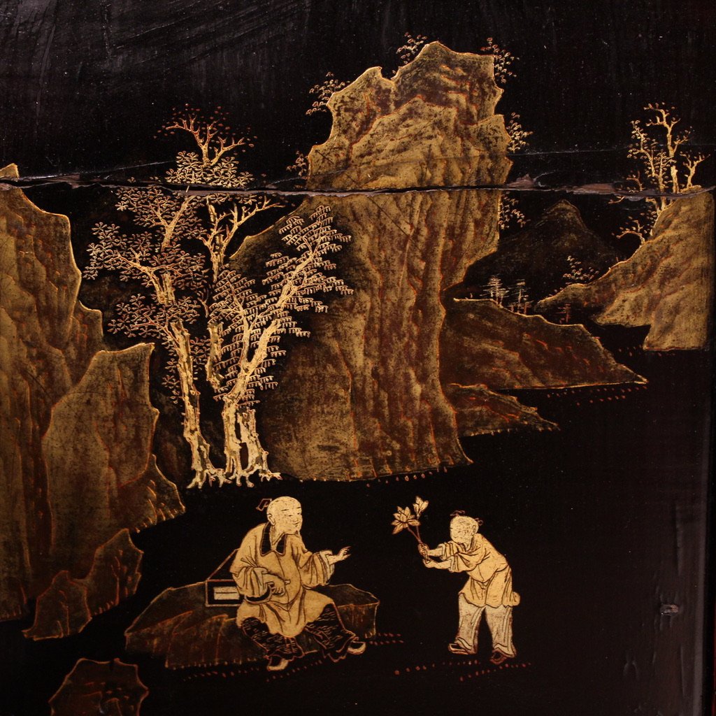 Grande letto da oppio cinese laccato e dorato del XIX secolo-photo-7