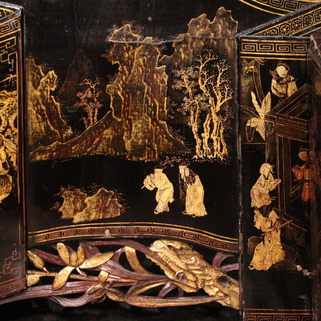 Grande letto da oppio cinese laccato e dorato del XIX secolo-photo-8