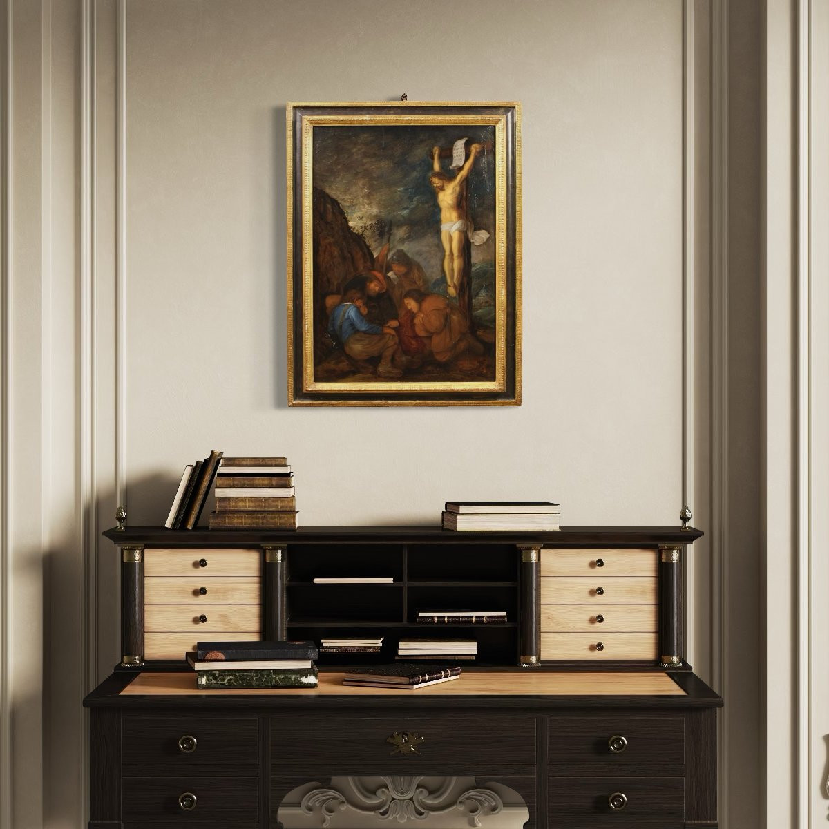 Antica tavola fiamminga del XVII secolo, crocifissione con i soldati -photo-5