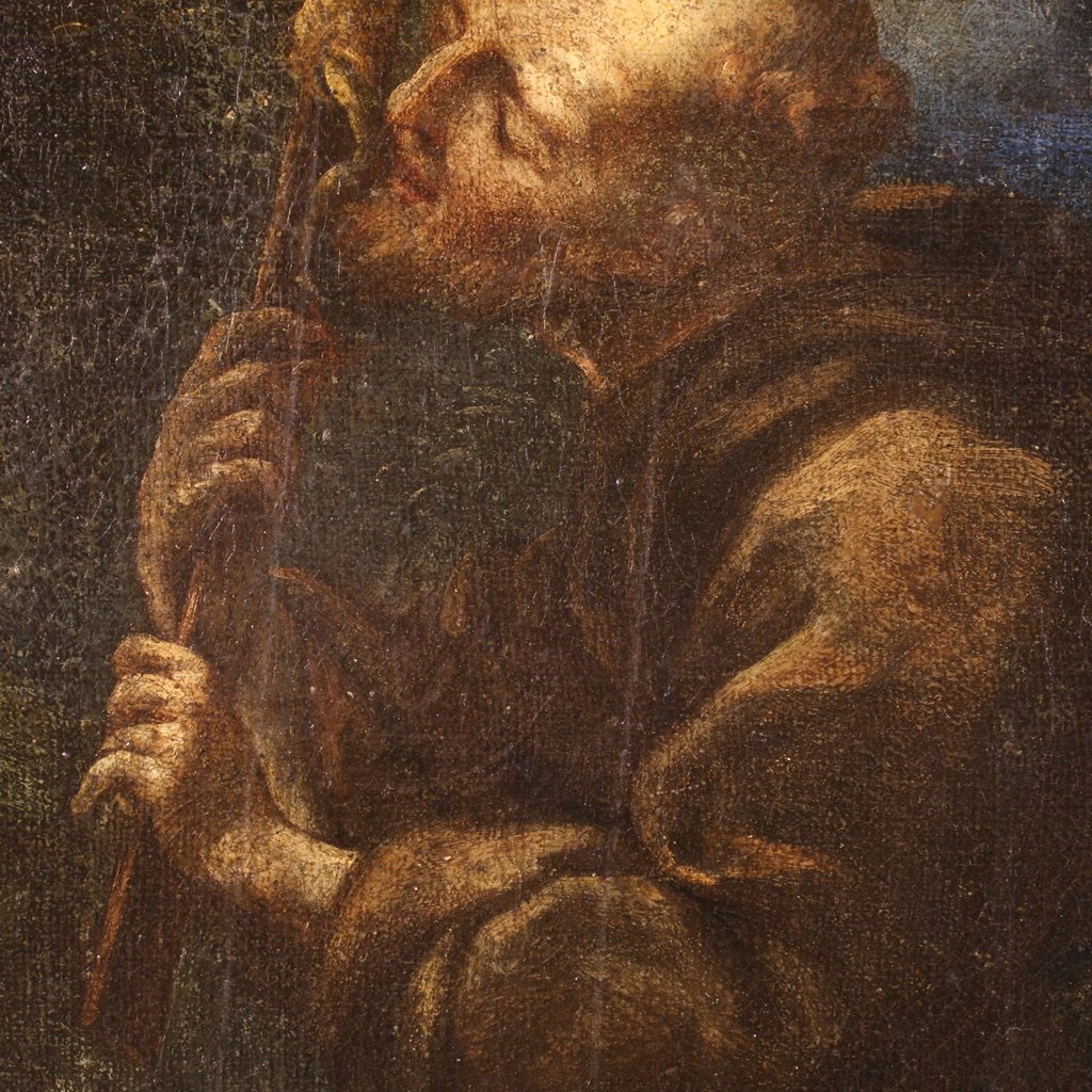 Antico dipinto spagnolo San Francesco del XVII secolo-photo-7