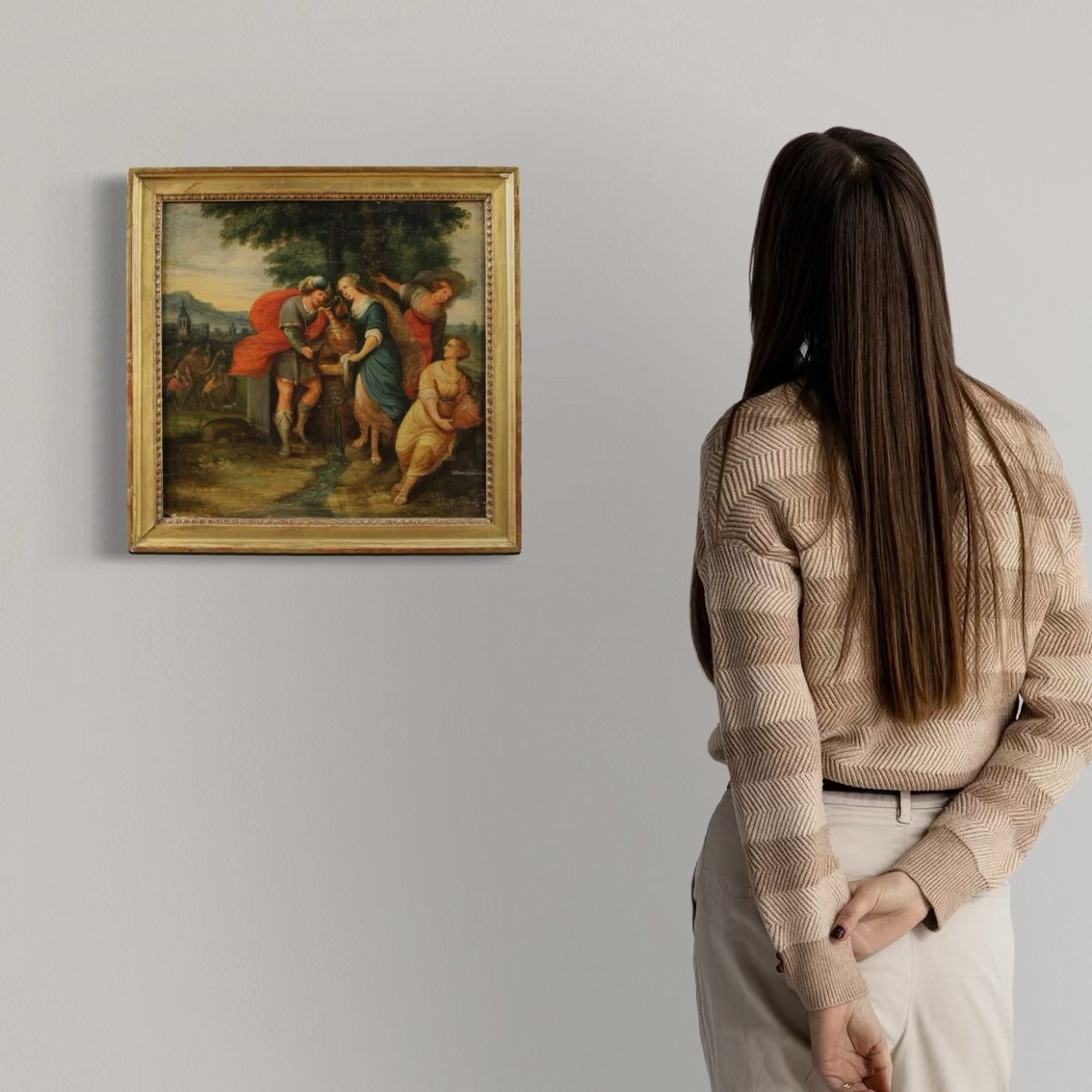 Antico dipinto fiammingo su tavola, Rebecca al pozzo del XVII secolo-photo-3