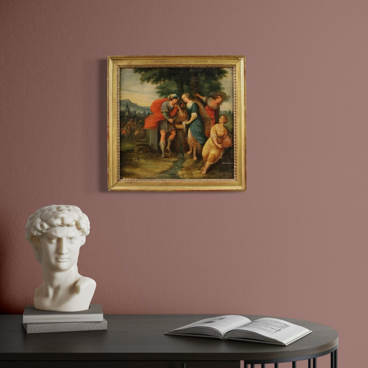 Antico dipinto fiammingo su tavola, Rebecca al pozzo del XVII secolo-photo-1