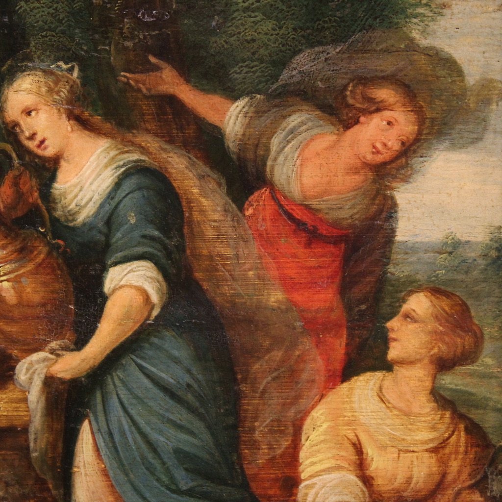 Antico dipinto fiammingo su tavola, Rebecca al pozzo del XVII secolo-photo-3