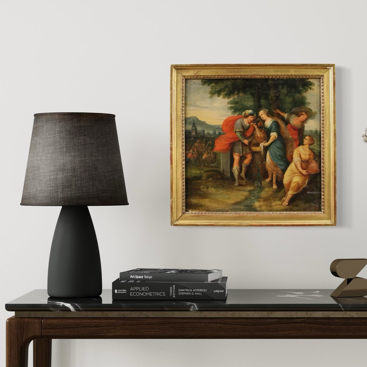 Antico dipinto fiammingo su tavola, Rebecca al pozzo del XVII secolo-photo-4