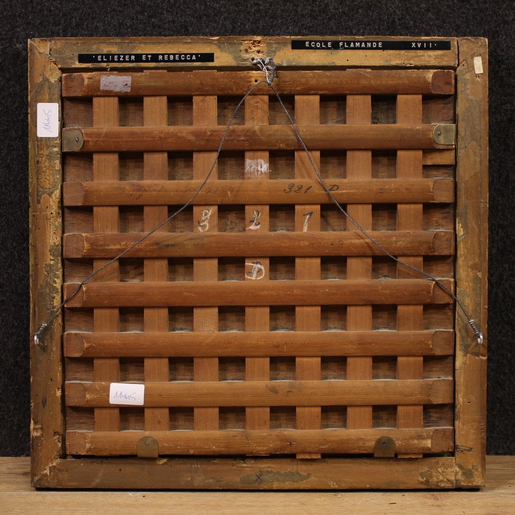 Antico dipinto fiammingo su tavola, Rebecca al pozzo del XVII secolo-photo-5