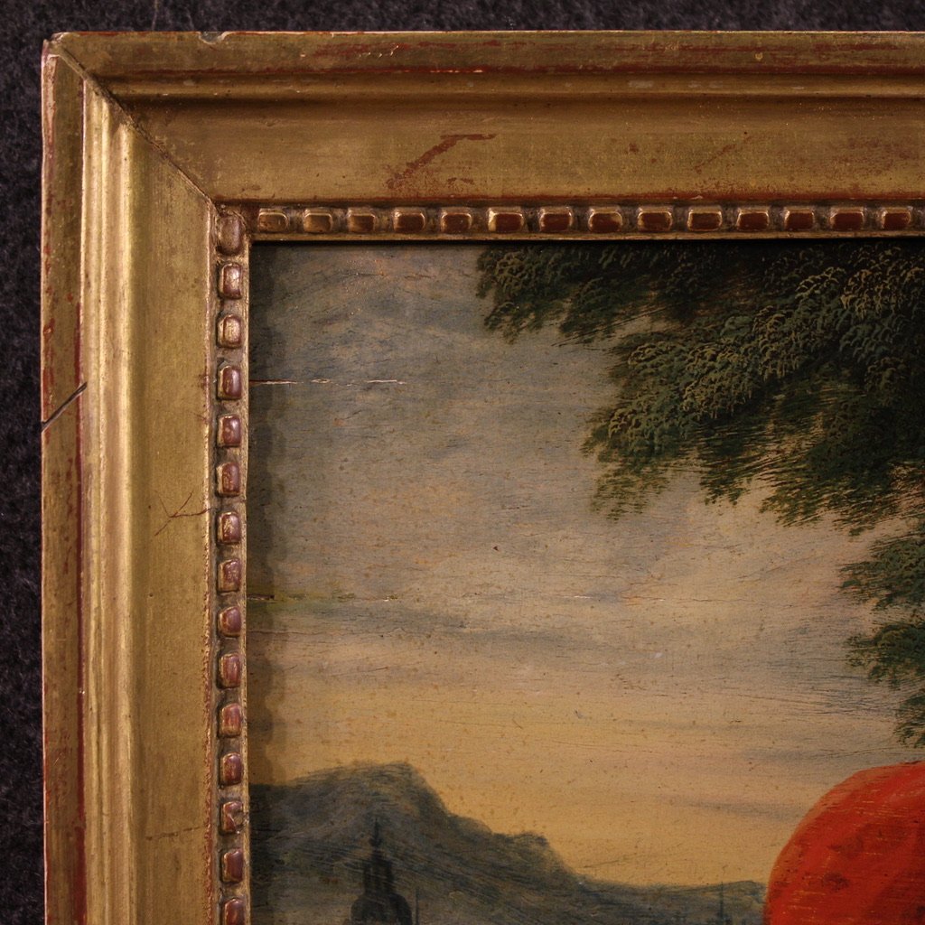 Antico dipinto fiammingo su tavola, Rebecca al pozzo del XVII secolo-photo-6