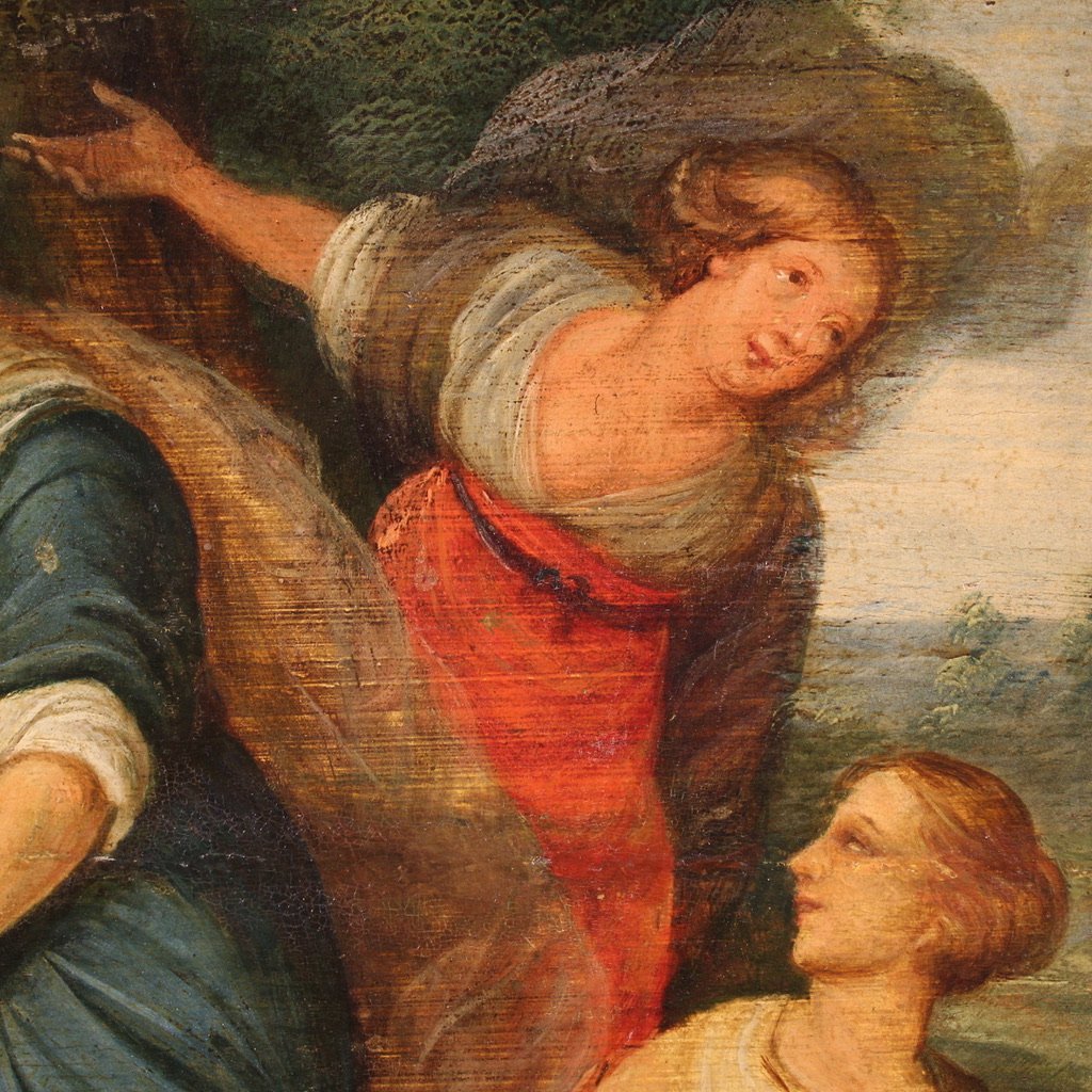 Antico dipinto fiammingo su tavola, Rebecca al pozzo del XVII secolo-photo-7