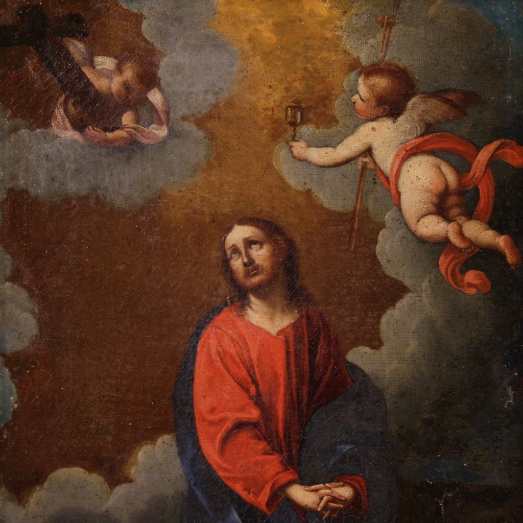 Antico dipinto italiano Cristo con angeli del XVII secolo-photo-3