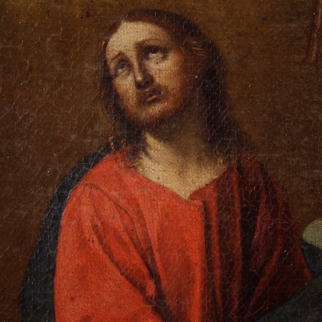 Antico dipinto italiano Cristo con angeli del XVII secolo-photo-4