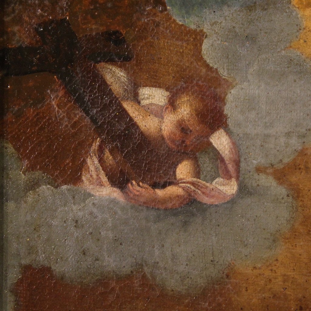 Antico dipinto italiano Cristo con angeli del XVII secolo-photo-4