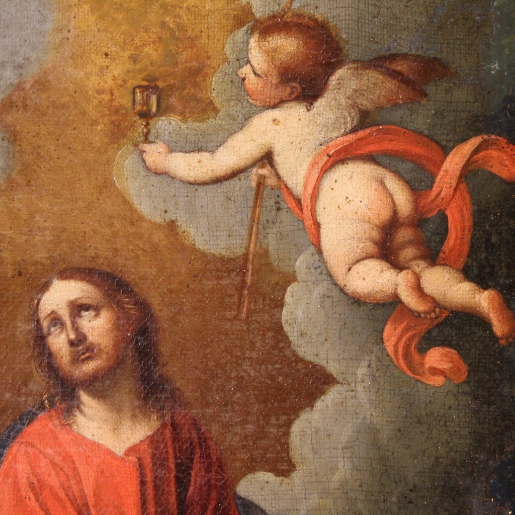 Antico dipinto italiano Cristo con angeli del XVII secolo-photo-8