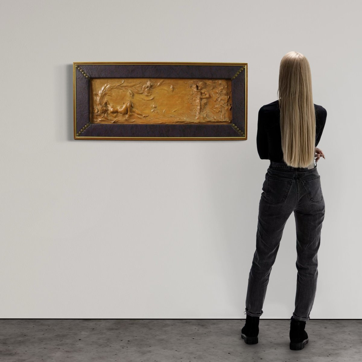 Bassorilievo francese in terracotta, Venere con Fauno del XX secolo-photo-2