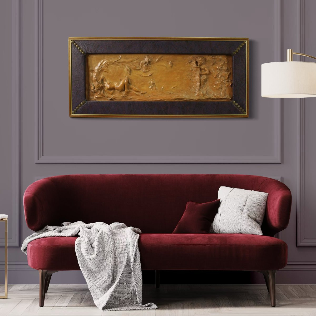 Bassorilievo francese in terracotta, Venere con Fauno del XX secolo-photo-2