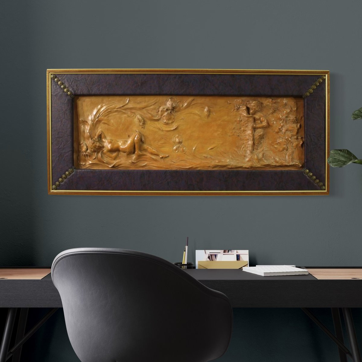 Bassorilievo francese in terracotta, Venere con Fauno del XX secolo-photo-4