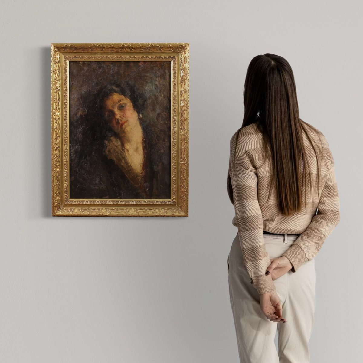 Dipinto italiano impressionista ritratto femminile del XIX secolo-photo-2