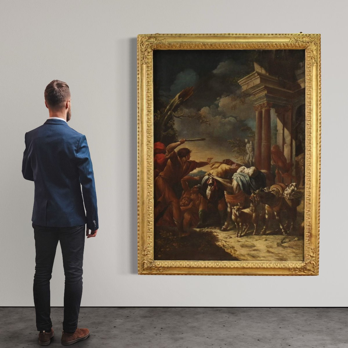 Dipinto italiano del XVIII secolo, Mosè scaccia i pastori e difende le figlie di Jetro-photo-1