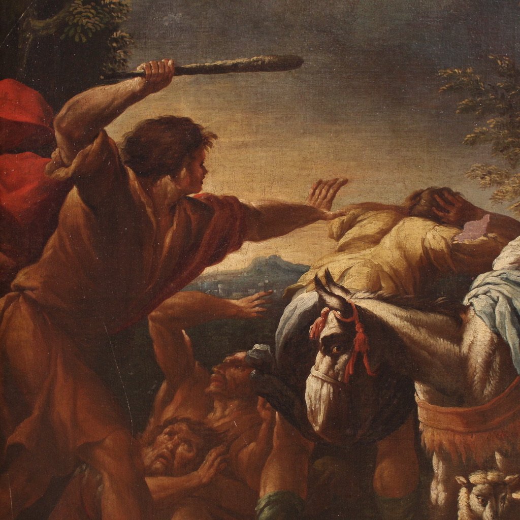 Dipinto italiano del XVIII secolo, Mosè scaccia i pastori e difende le figlie di Jetro-photo-2