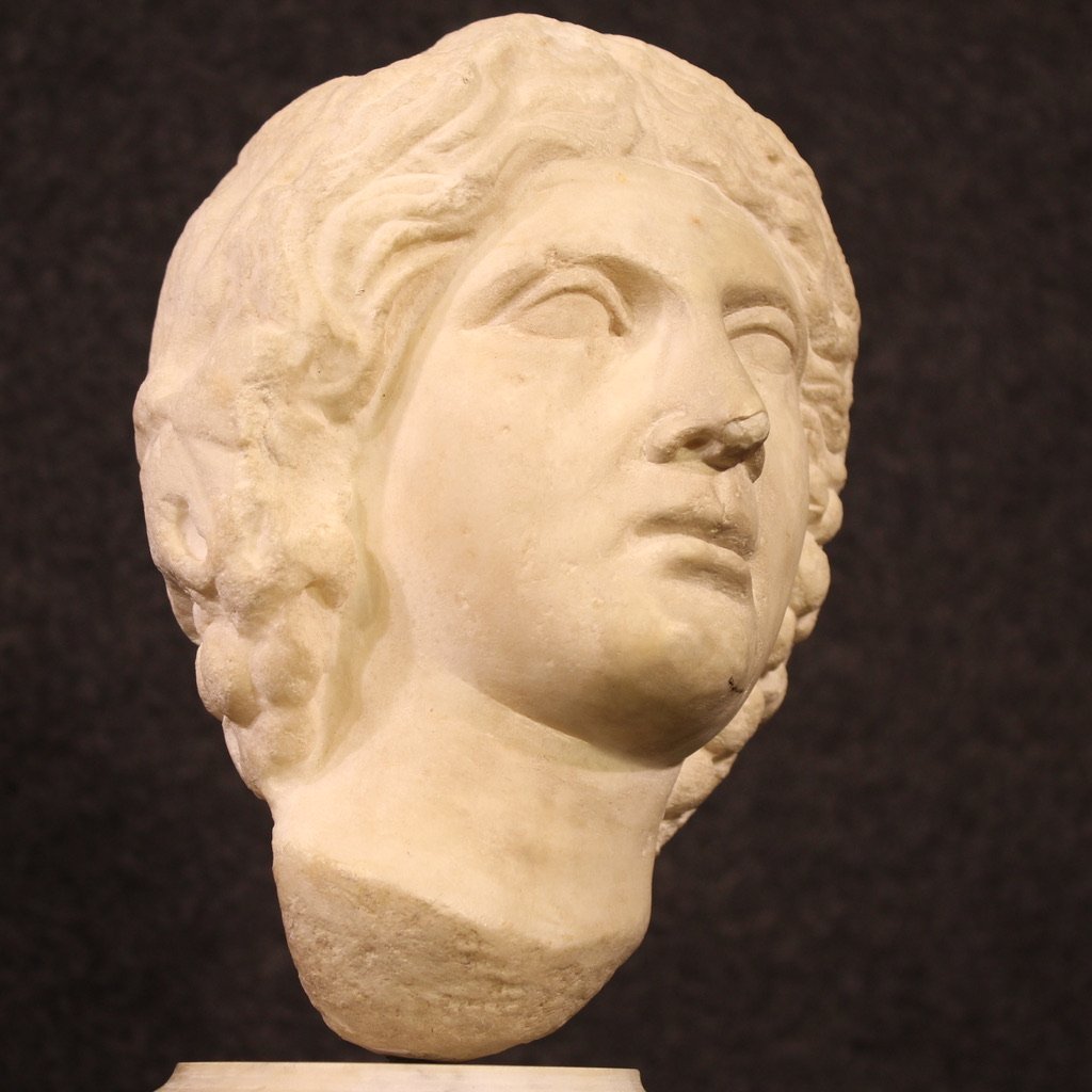 Antica scultura italiana, testa in marmo bianco del XVII secolo-photo-5
