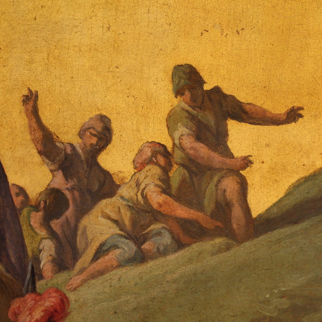 Dipinto italiano su tavola del XVIII secolo, il passaggio del Giordano con l'Arca dell'Alleanza-photo-2