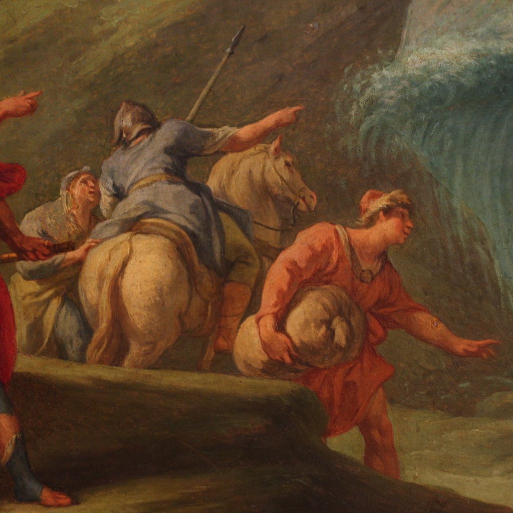 Dipinto italiano su tavola del XVIII secolo, il passaggio del Giordano con l'Arca dell'Alleanza-photo-2