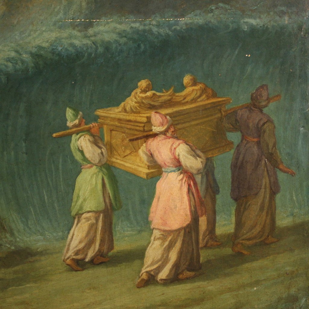 Dipinto italiano su tavola del XVIII secolo, il passaggio del Giordano con l'Arca dell'Alleanza-photo-6