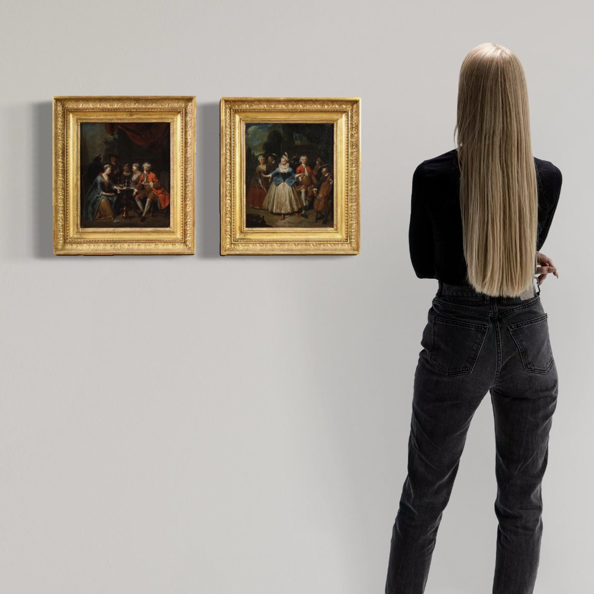Coppia di quadri antichi del XVIII secolo, scene galanti-photo-1