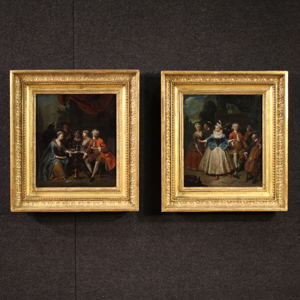 Coppia di quadri antichi del XVIII secolo, scene galanti