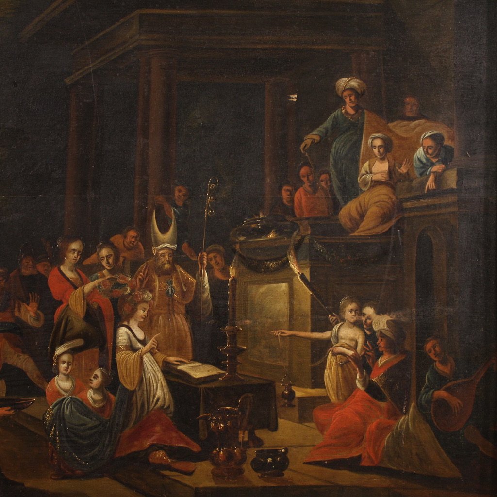 Antico dipinto fiammingo su tavola del XIX secolo, La disputa di Santa Caterina d'Alessandria -photo-2