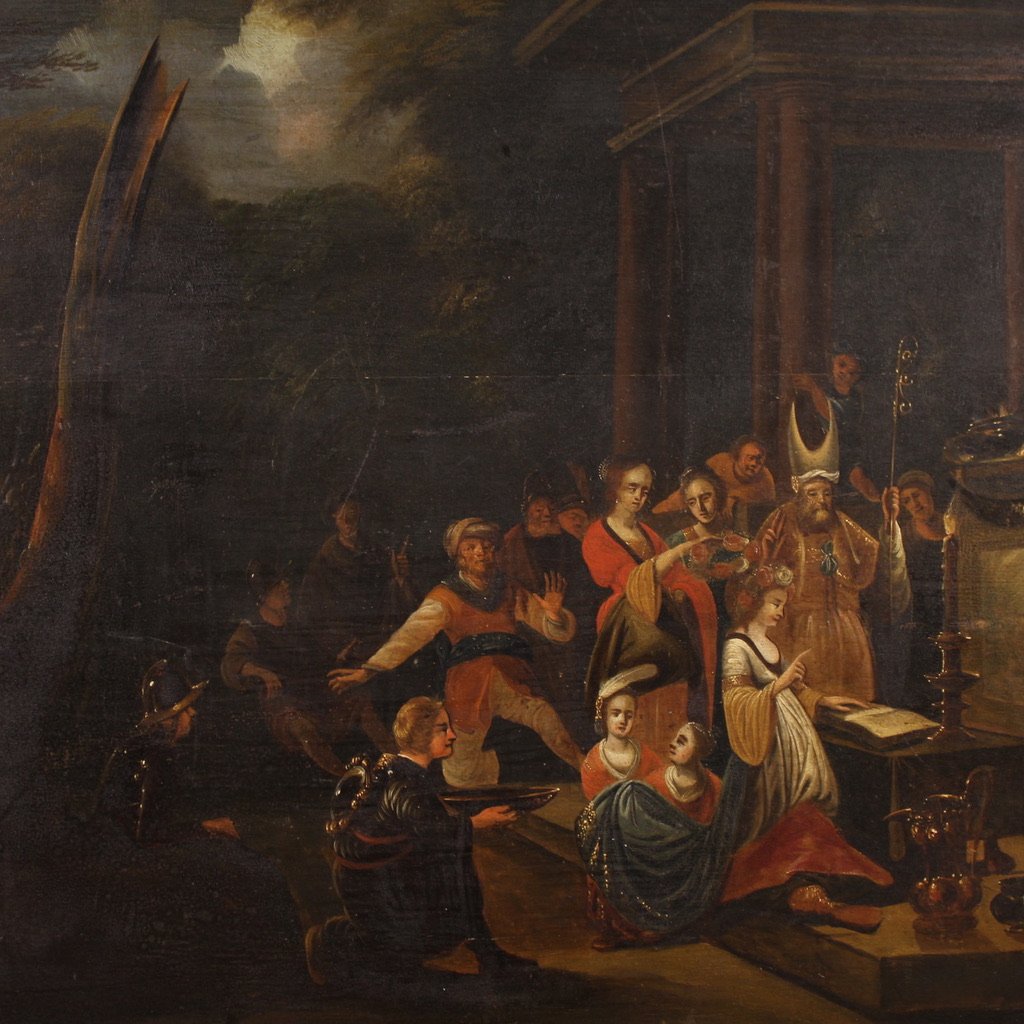 Antico dipinto fiammingo su tavola del XIX secolo, La disputa di Santa Caterina d'Alessandria -photo-3