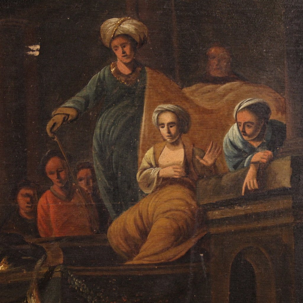 Antico dipinto fiammingo su tavola del XIX secolo, La disputa di Santa Caterina d'Alessandria -photo-5