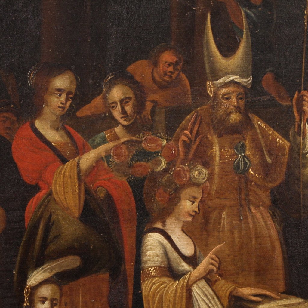 Antico dipinto fiammingo su tavola del XIX secolo, La disputa di Santa Caterina d'Alessandria -photo-6