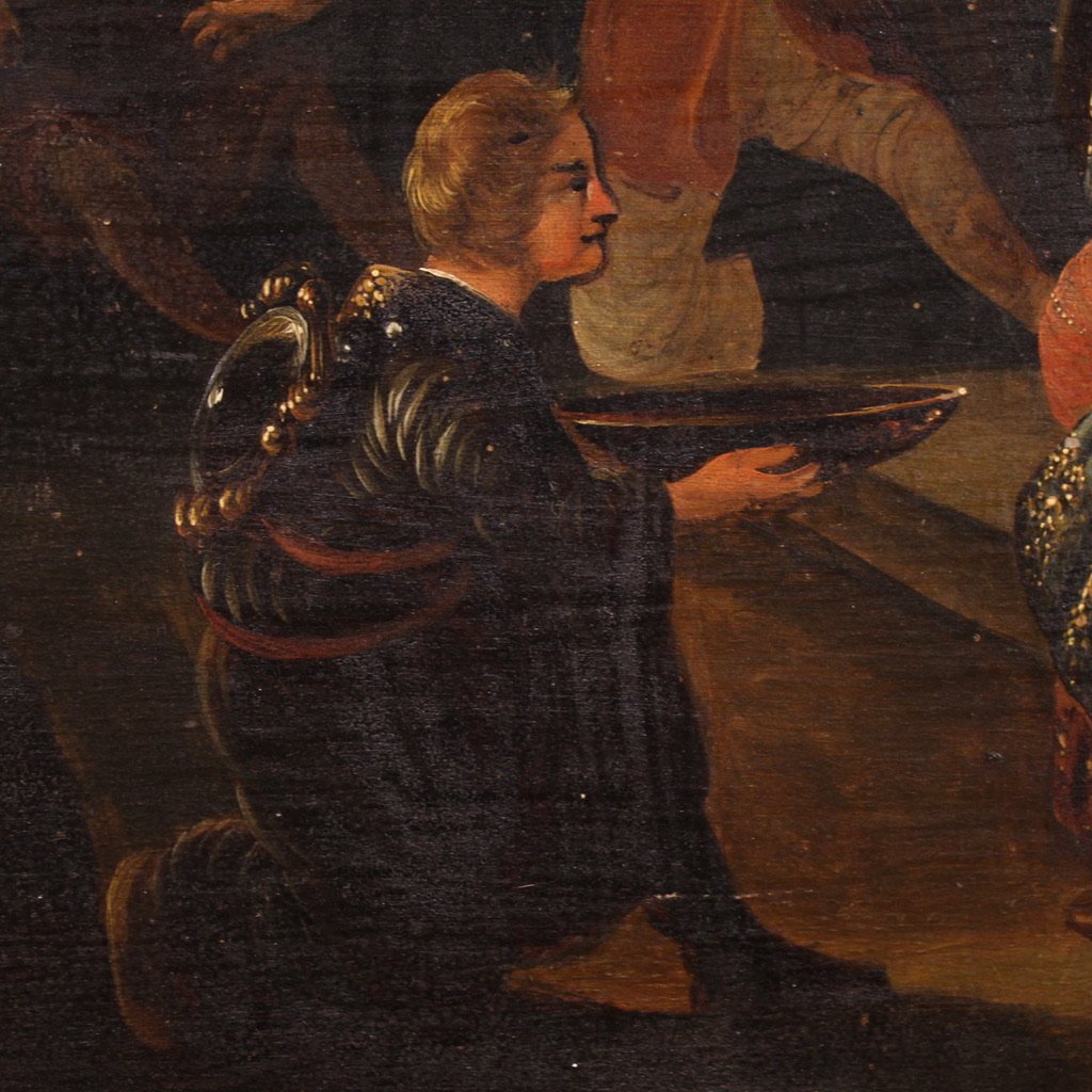 Antico dipinto fiammingo su tavola del XIX secolo, La disputa di Santa Caterina d'Alessandria -photo-8