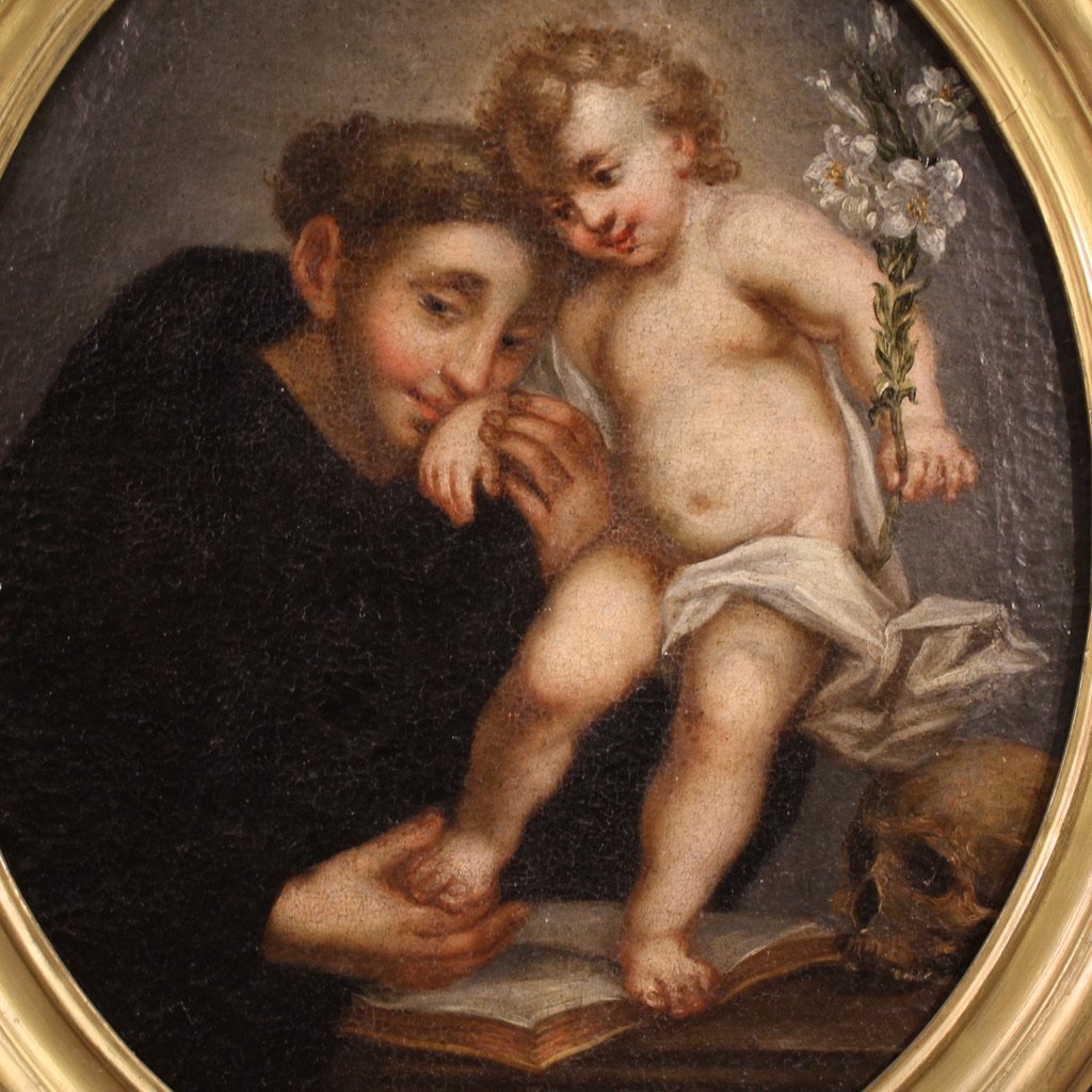 Antico dipinto ovale italiano del XVIII secolo, Sant’Antonio da Padova con Gesù bambino-photo-2