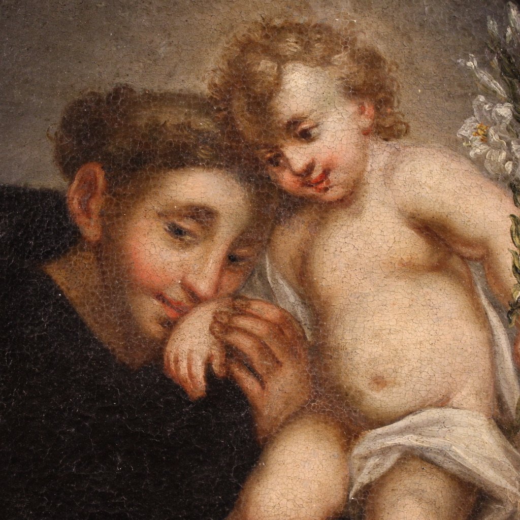 Antico dipinto ovale italiano del XVIII secolo, Sant’Antonio da Padova con Gesù bambino-photo-3