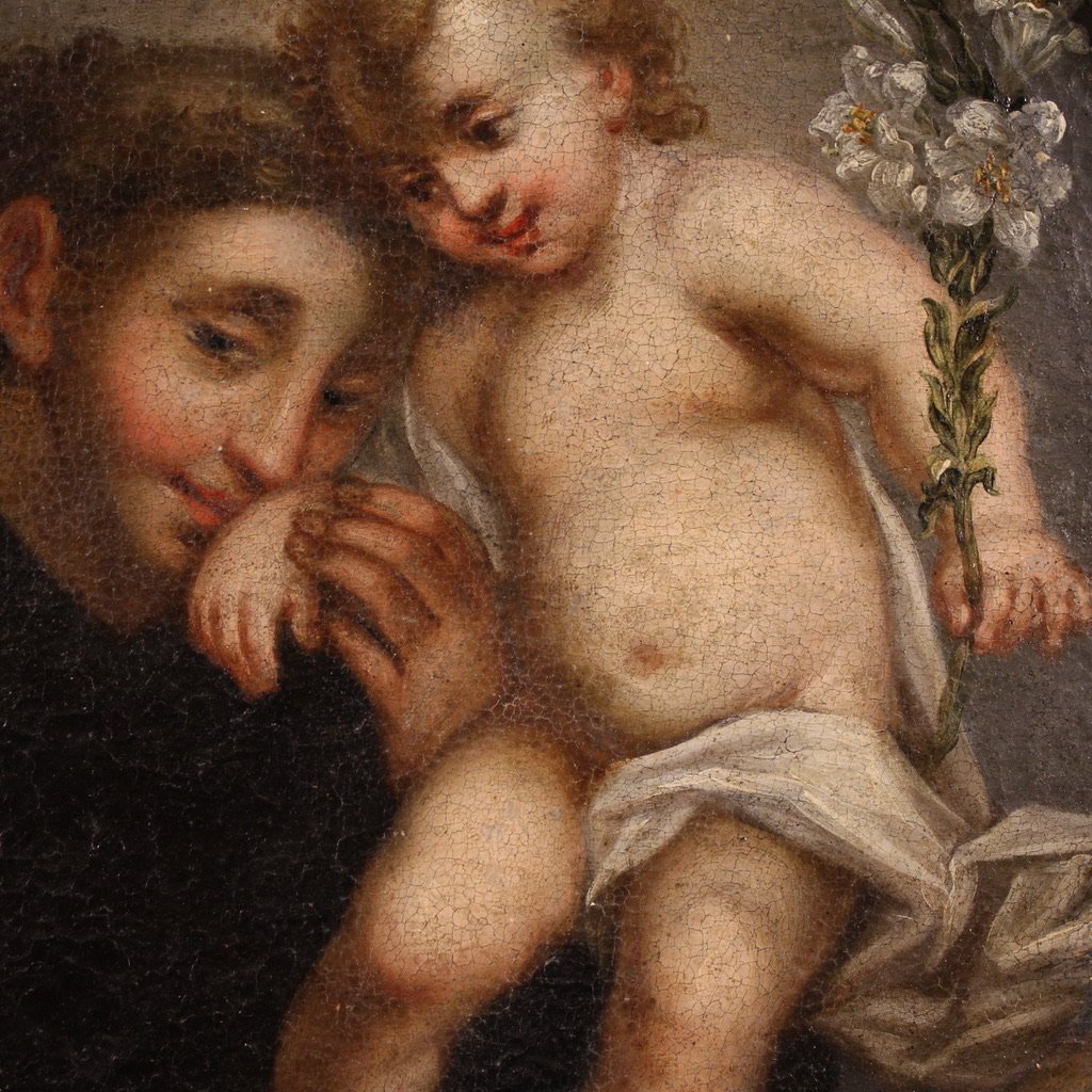 Antico dipinto ovale italiano del XVIII secolo, Sant’Antonio da Padova con Gesù bambino-photo-4