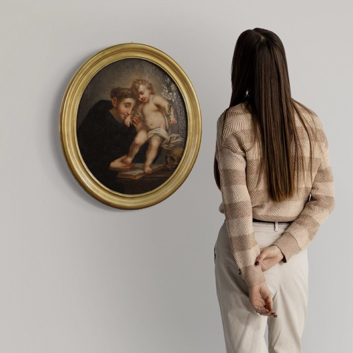 Antico dipinto ovale italiano del XVIII secolo, Sant’Antonio da Padova con Gesù bambino-photo-1