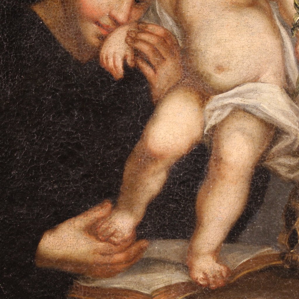 Antico dipinto ovale italiano del XVIII secolo, Sant’Antonio da Padova con Gesù bambino-photo-2