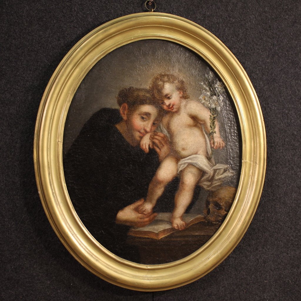 Antico dipinto ovale italiano del XVIII secolo, Sant’Antonio da Padova con Gesù bambino-photo-7