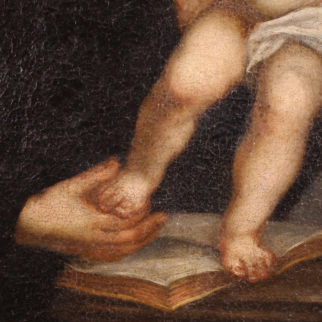 Antico dipinto ovale italiano del XVIII secolo, Sant’Antonio da Padova con Gesù bambino-photo-8