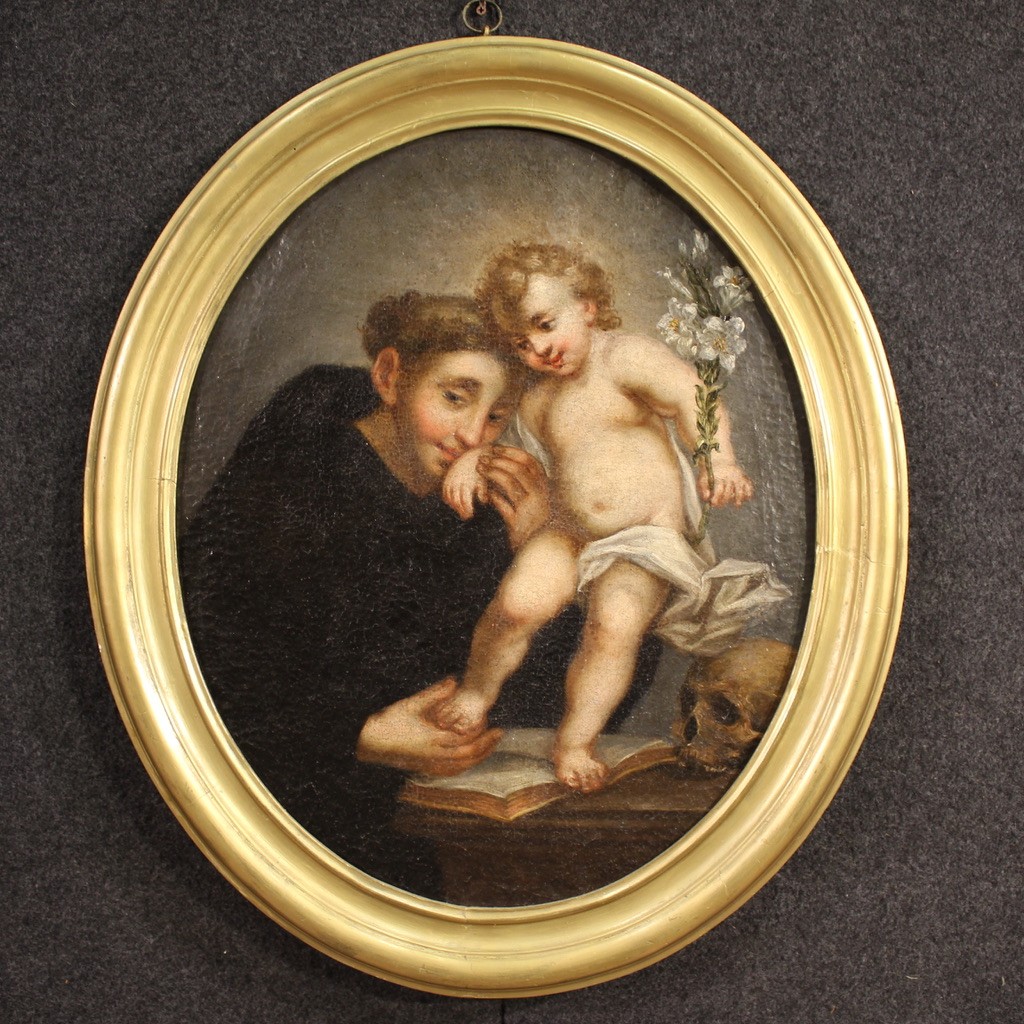 Antico dipinto ovale italiano del XVIII secolo, Sant’Antonio da Padova con Gesù bambino