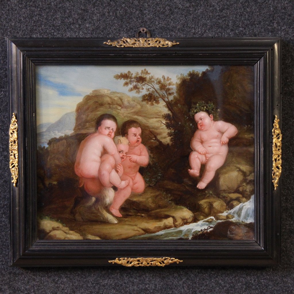 Antica coppia di dipinti su vetro del XVII secolo, baccanale di putti e satiri-photo-2