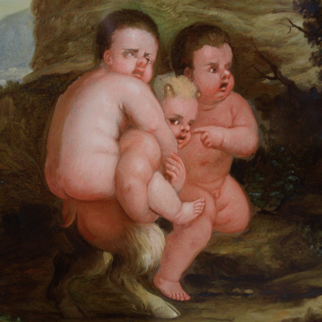 Antica coppia di dipinti su vetro del XVII secolo, baccanale di putti e satiri-photo-3