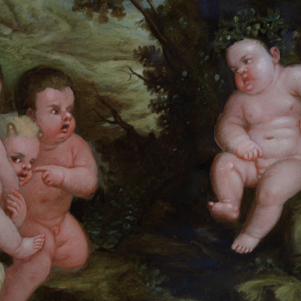 Antica coppia di dipinti su vetro del XVII secolo, baccanale di putti e satiri-photo-4
