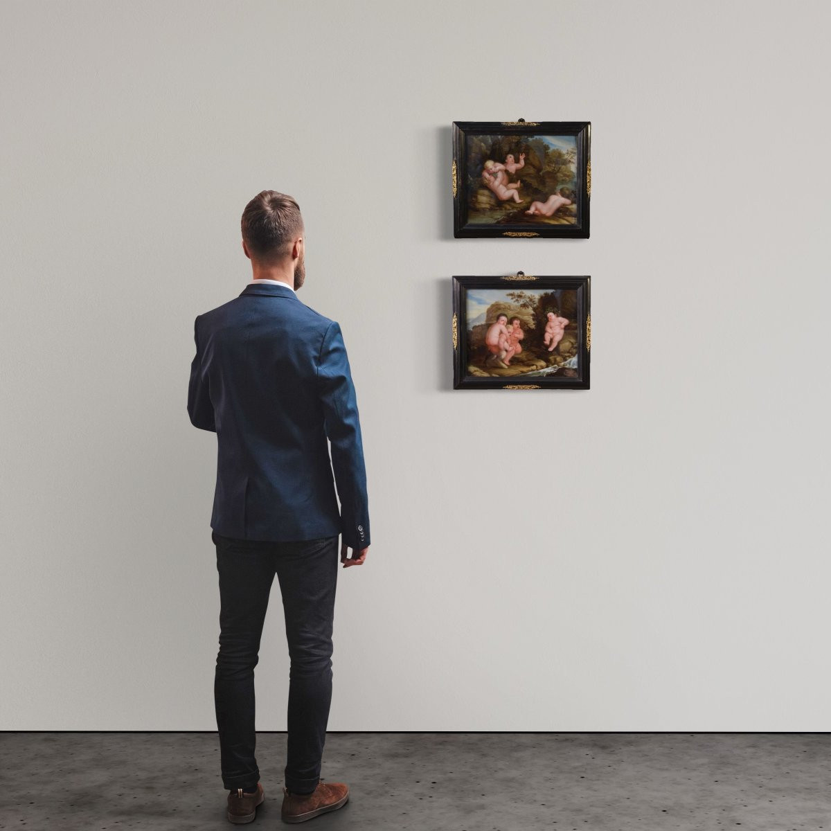 Antica coppia di dipinti su vetro del XVII secolo, baccanale di putti e satiri-photo-1