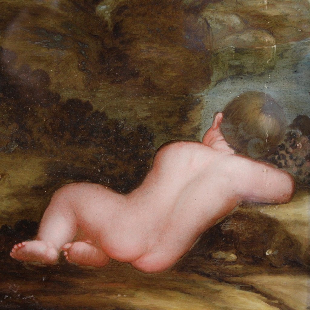 Antica coppia di dipinti su vetro del XVII secolo, baccanale di putti e satiri-photo-4